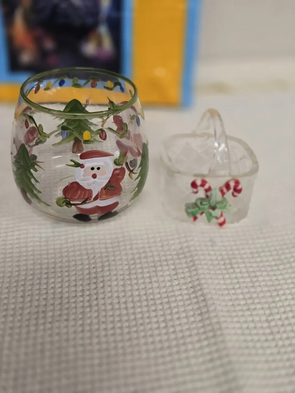 Vintage Christmas Glass Decor Set Santa Candle Holder Candy Cane Basket